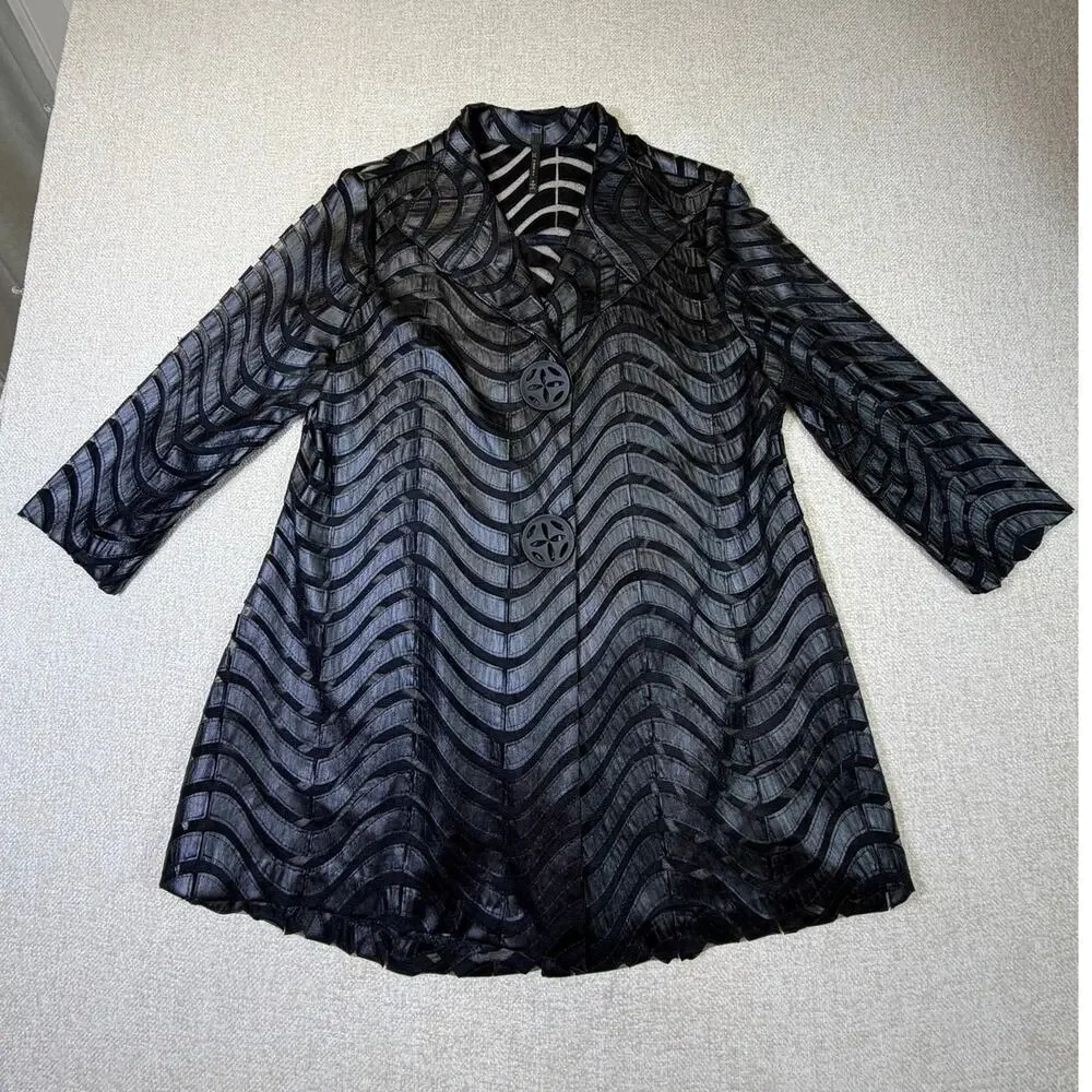 IC by Connie K Women Small Black Sheer 3/4 Sleeve Open Front Artsy Jacket